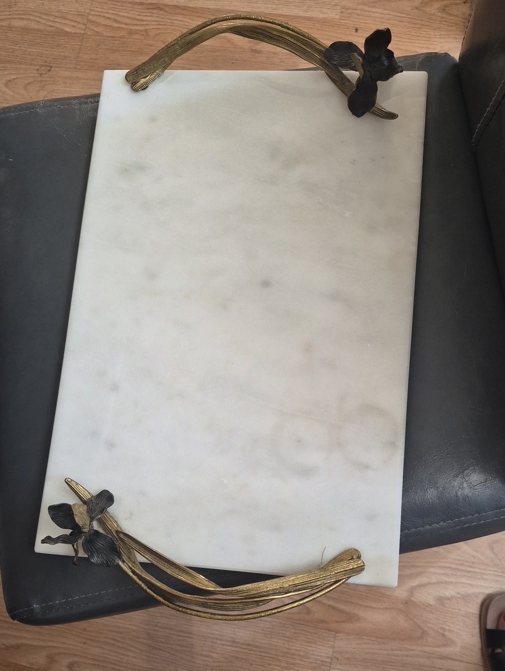 Michael Aram White Marble Serving Board with Gold Floral Handles